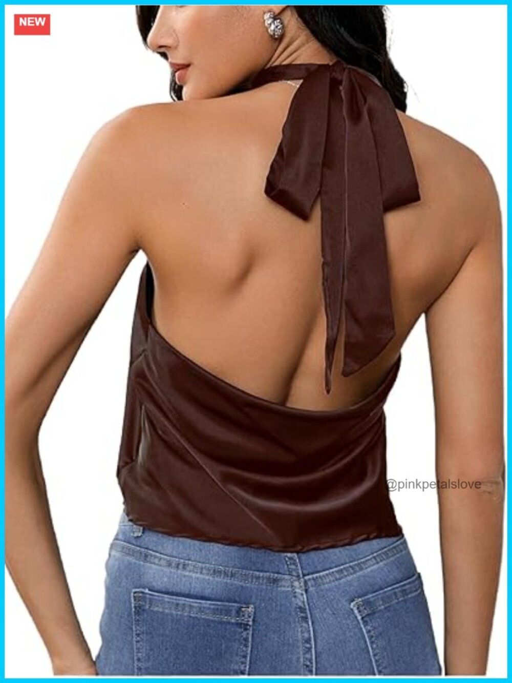 Satin Silk Backless Halter Tank Top Sleeveless Classy Cute Going Out Top